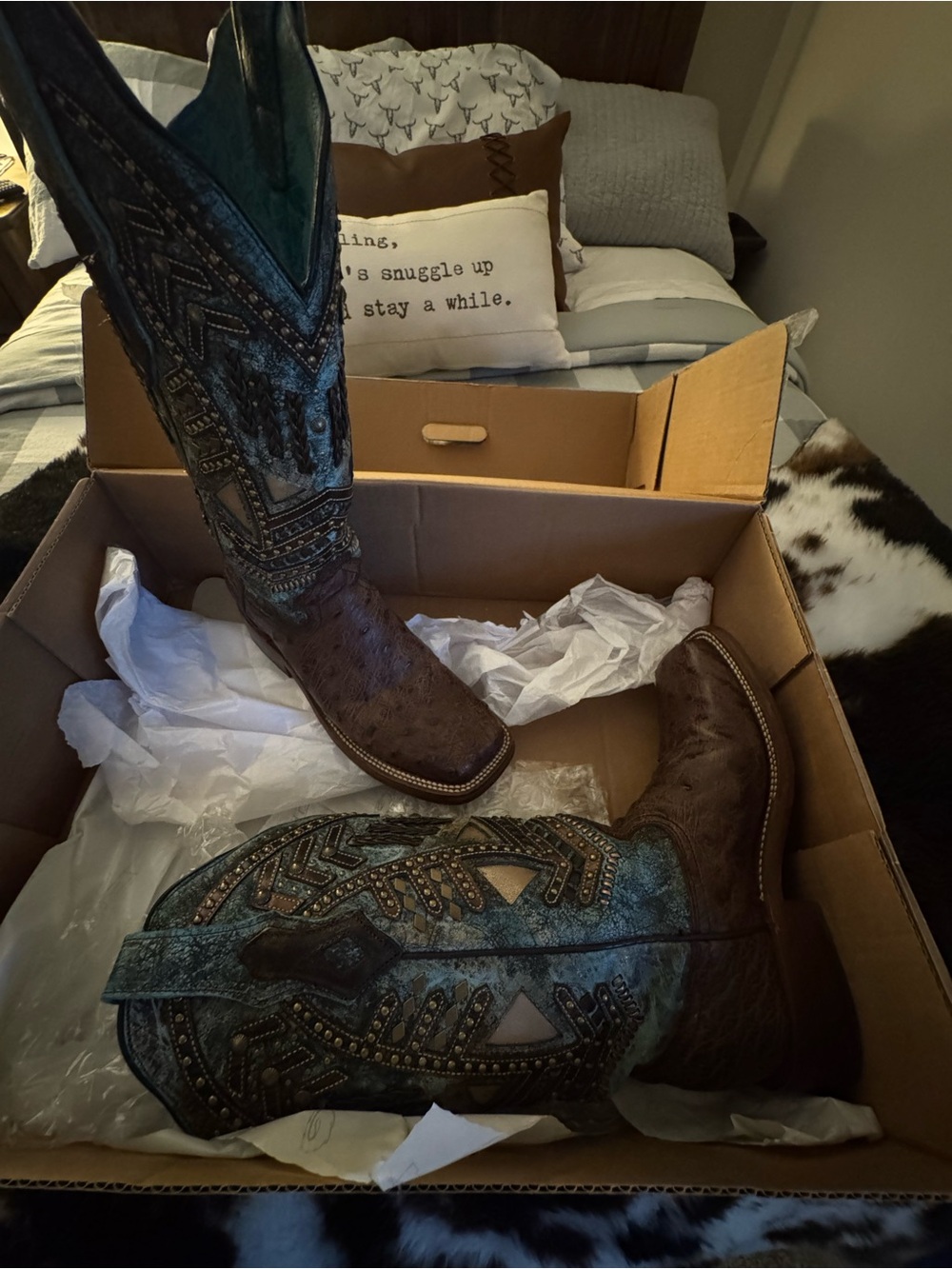 Corral Ostrich Brown and Teal Western Cowboy Boots with Embossed Detail